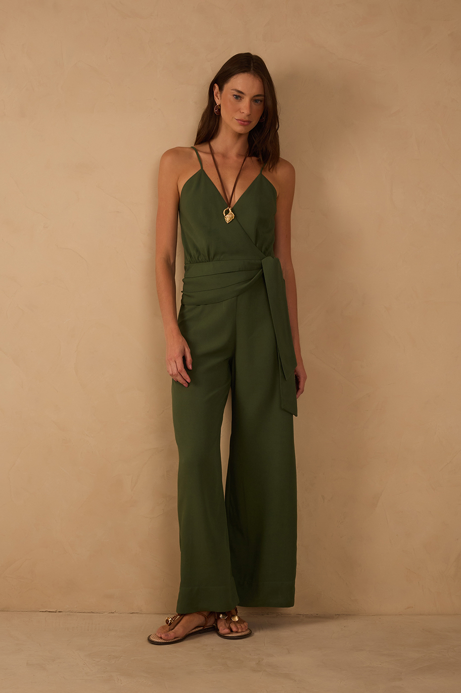 Green V Neck Side Ties Linen Wrap Jumpsuit