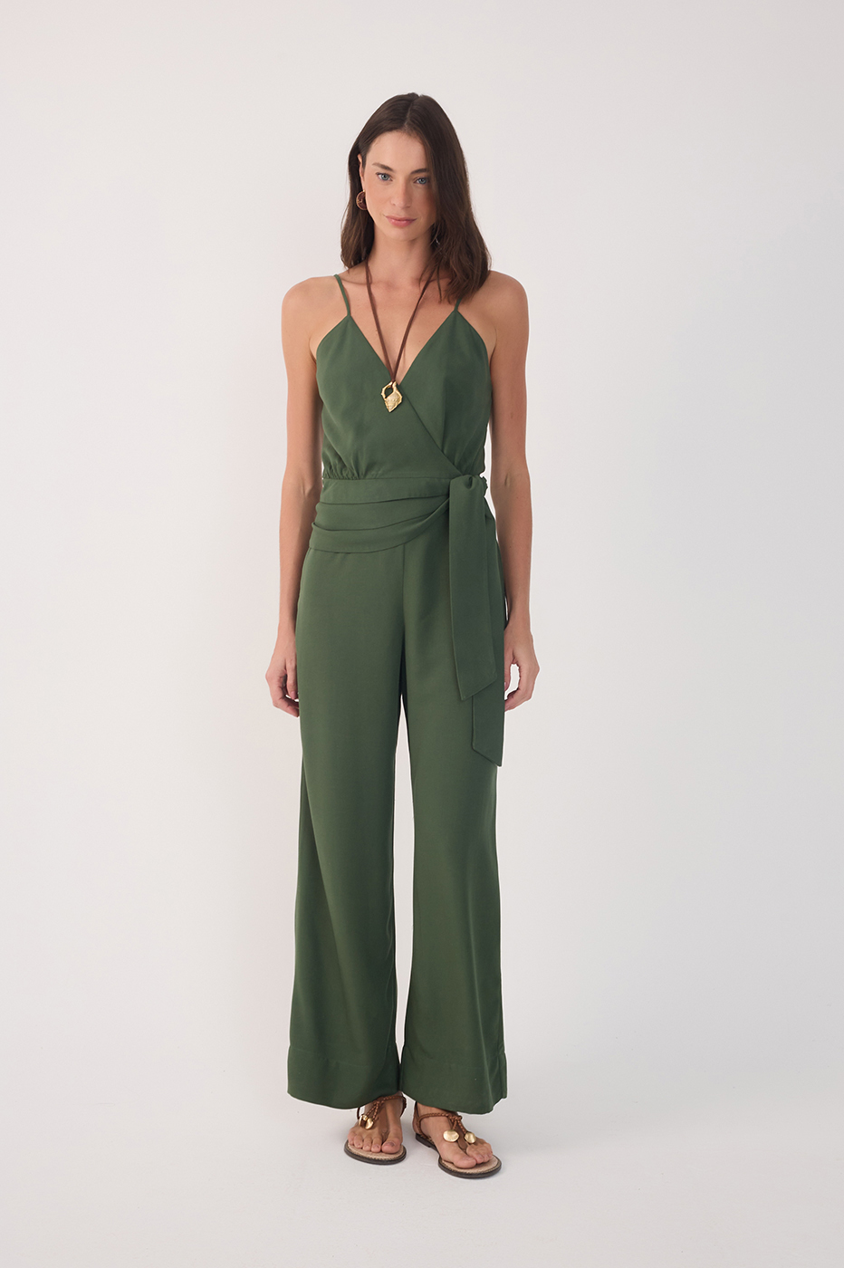 Green V Neck Side Ties Linen Wrap Jumpsuit