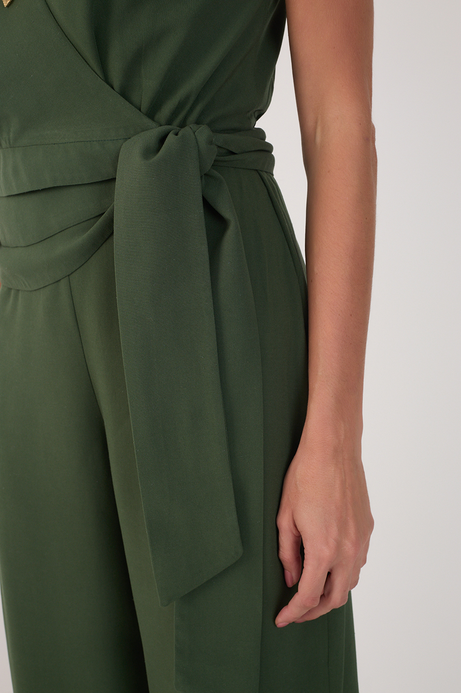 Green V Neck Side Ties Linen Wrap Jumpsuit