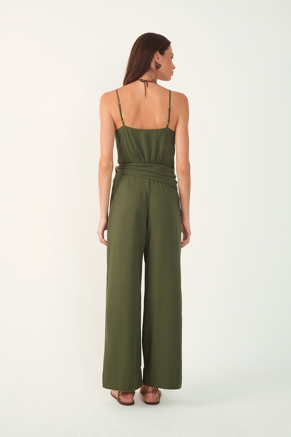 Green V Neck Side Ties Linen Wrap Jumpsuit