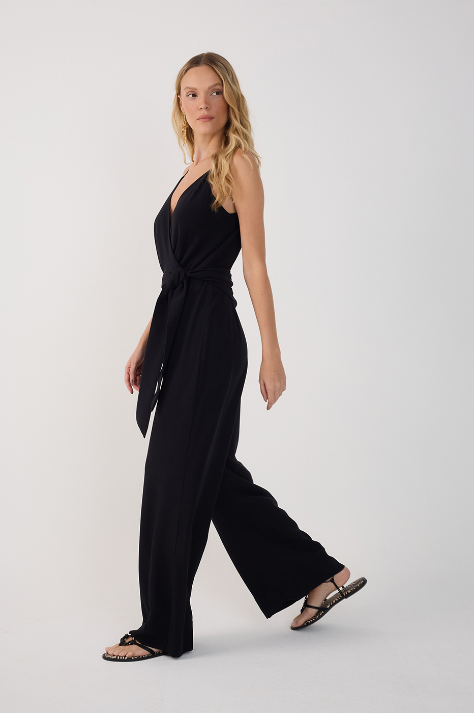 Black V Neck Side Ties Linen Wrap Jumpsuit