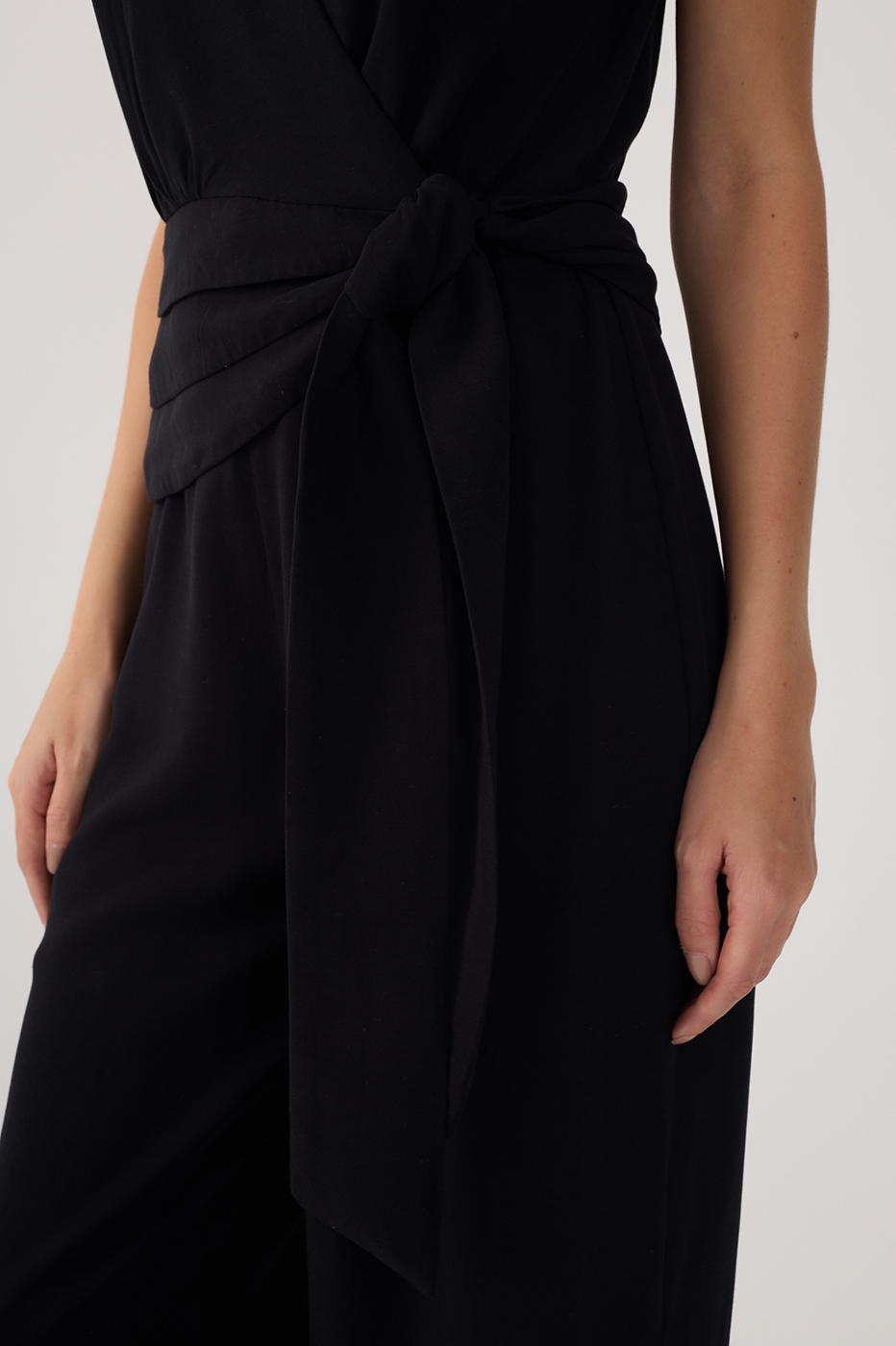Black V Neck Side Ties Linen Wrap Jumpsuit