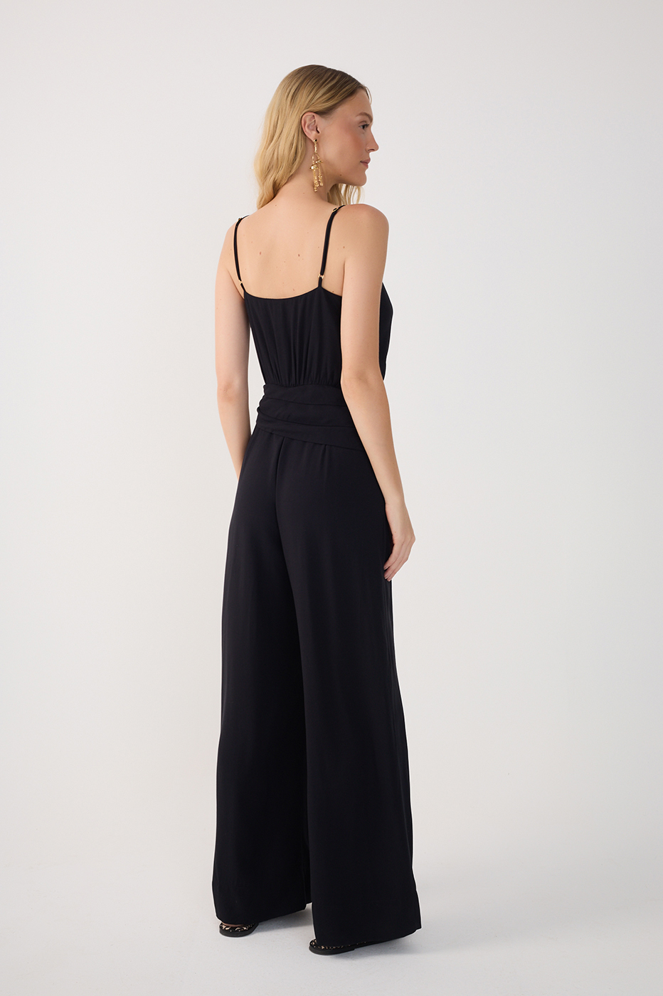 Black V Neck Side Ties Linen Wrap Jumpsuit