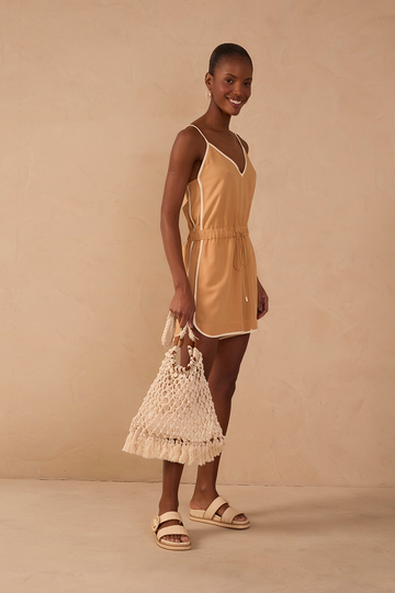 Beige V Neck Drawstring Romper