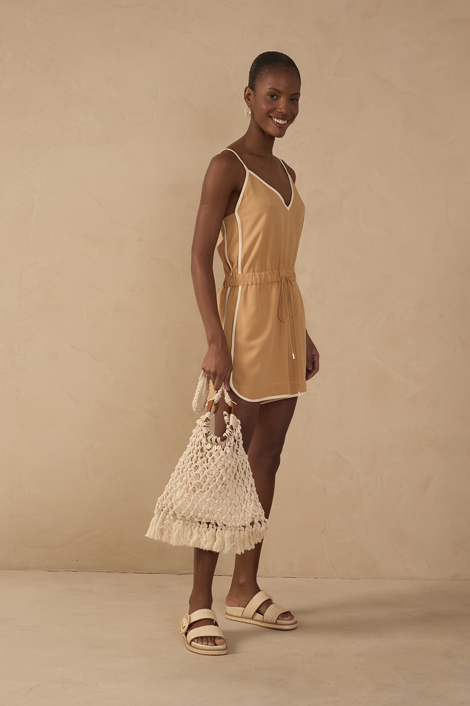 Beige V Neck Drawstring Romper