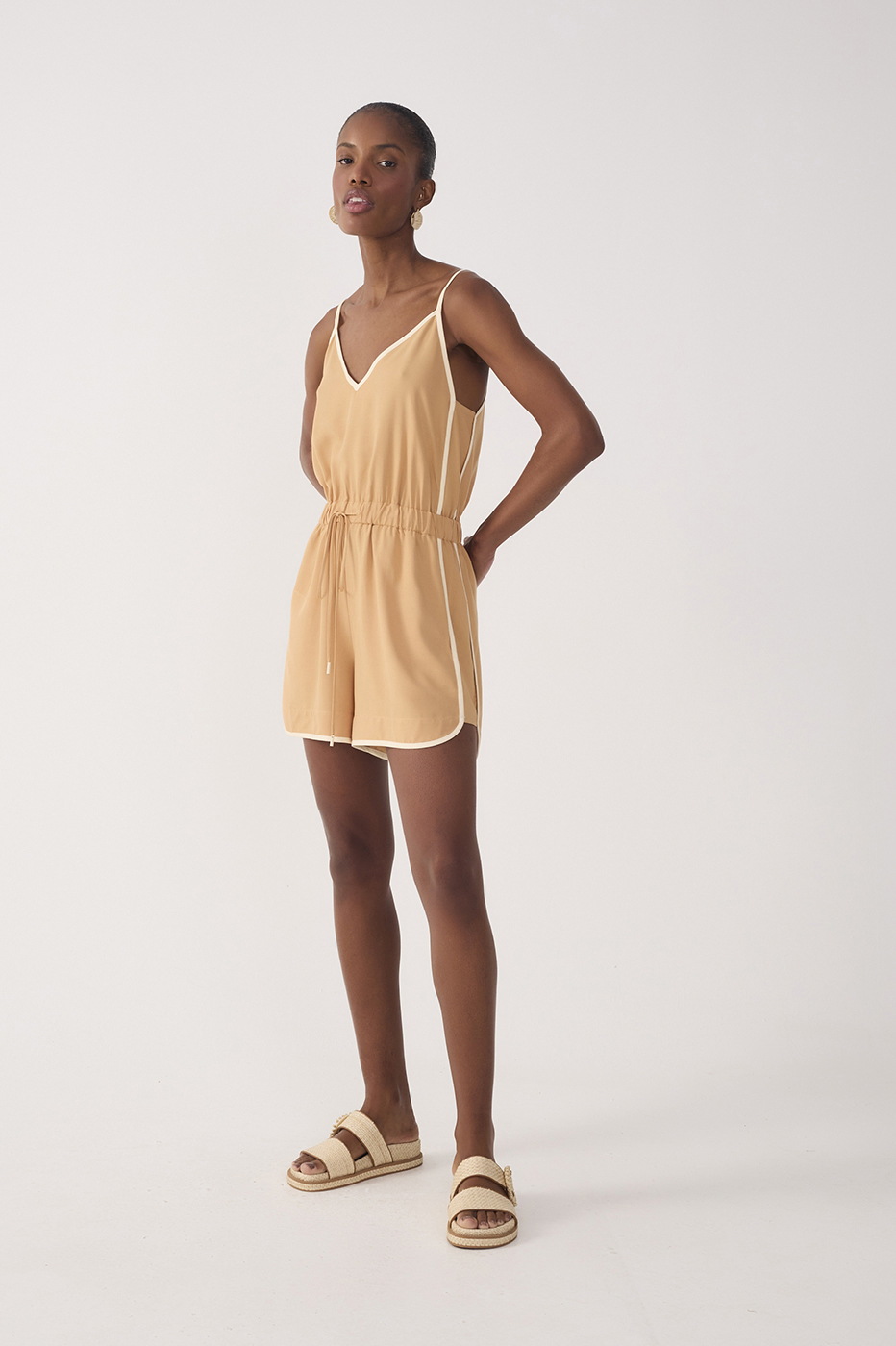 Beige V Neck Drawstring Romper