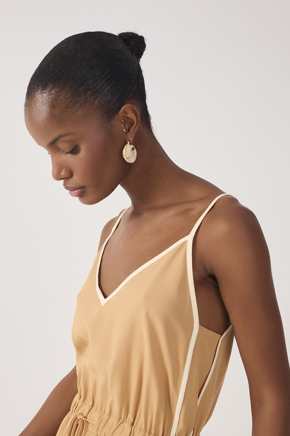 Beige V Neck Drawstring Romper