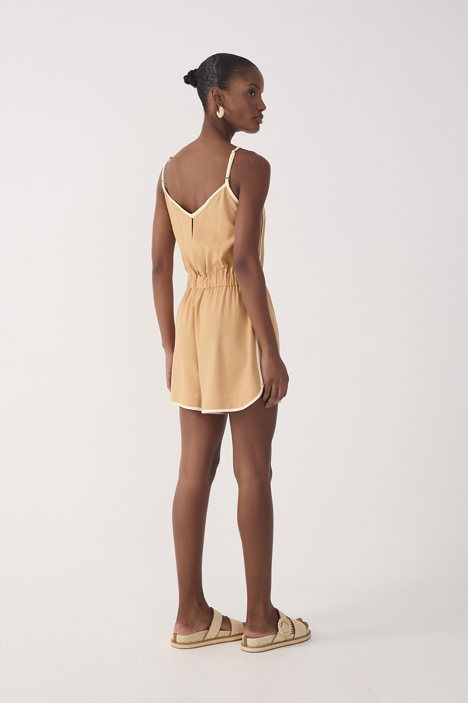 Beige V Neck Drawstring Romper