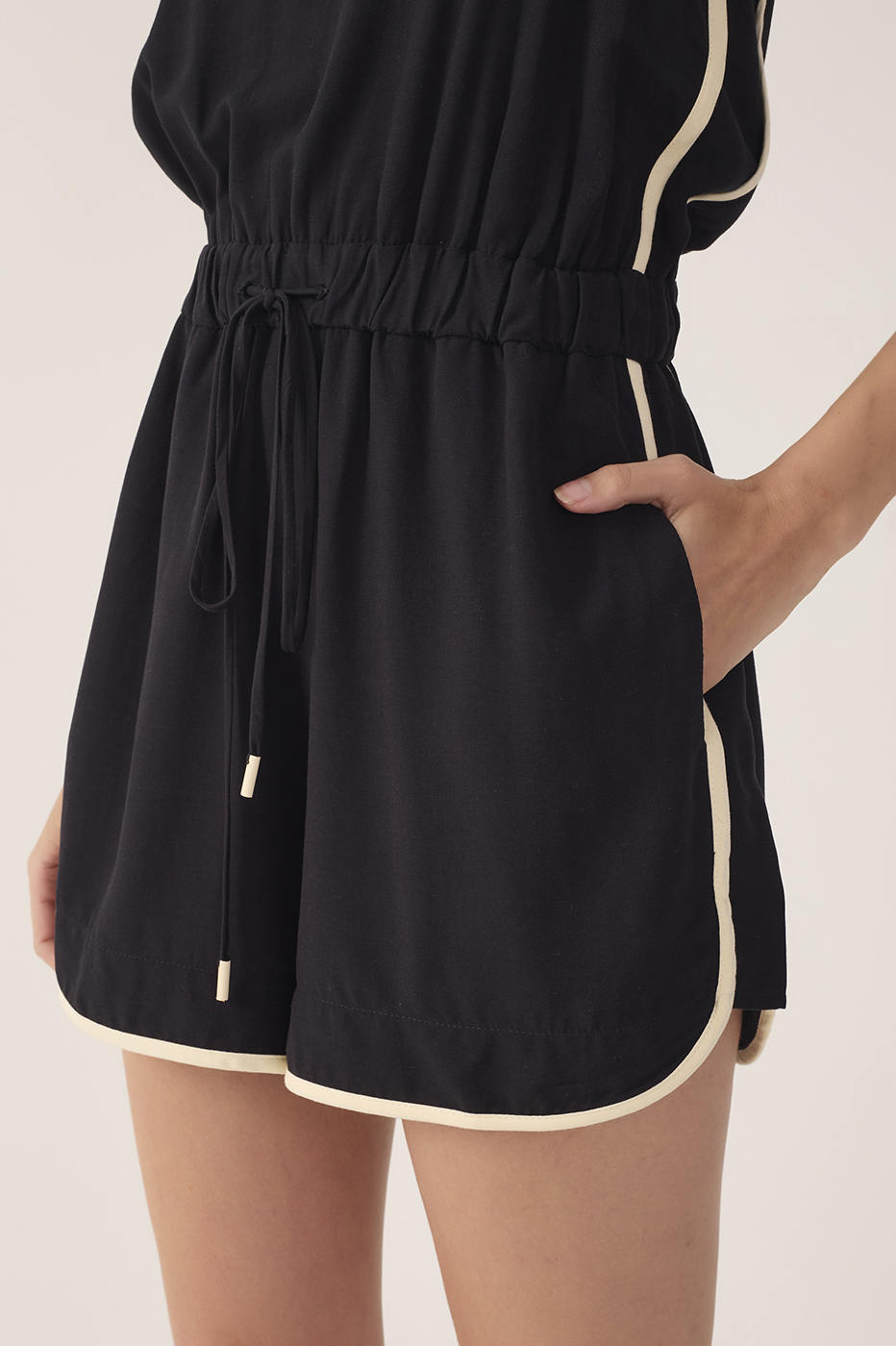 Black V Neck Drawstring Romper