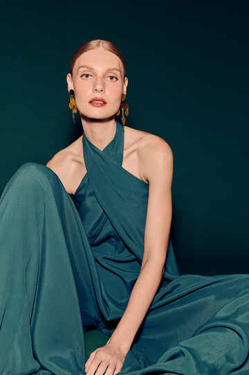 Green Halter Neck Layered Crepe Jumpsuit