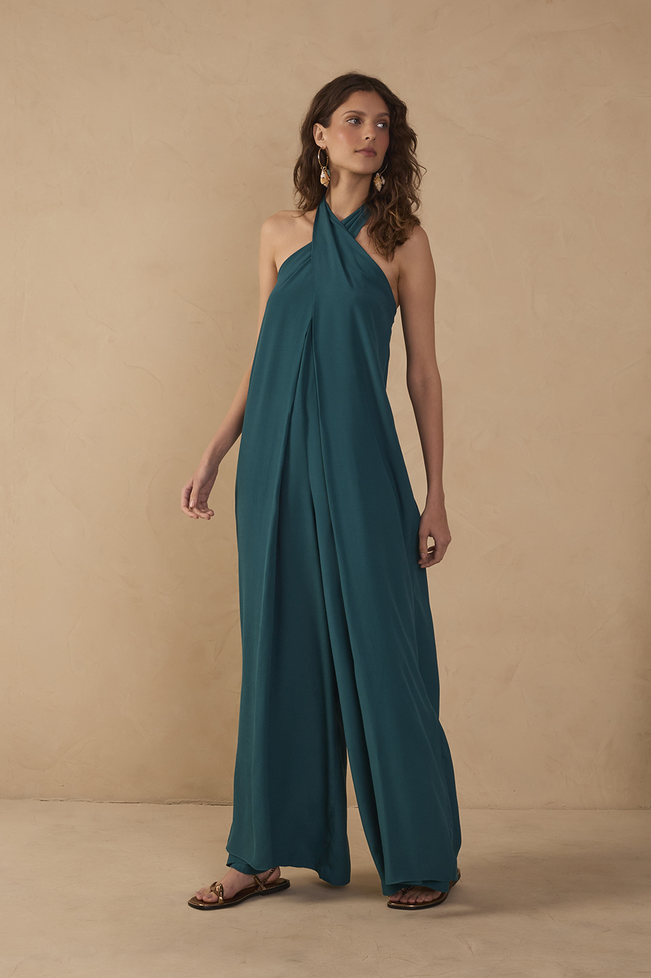 Green Halter Neck Layered Crepe Jumpsuit