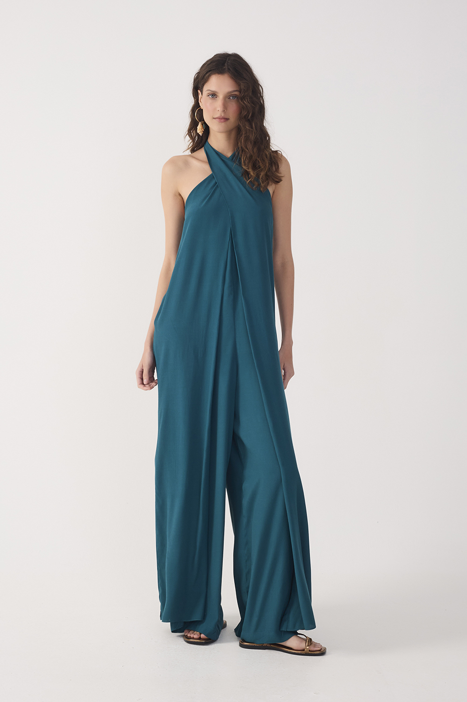 Green Halter Neck Layered Crepe Jumpsuit