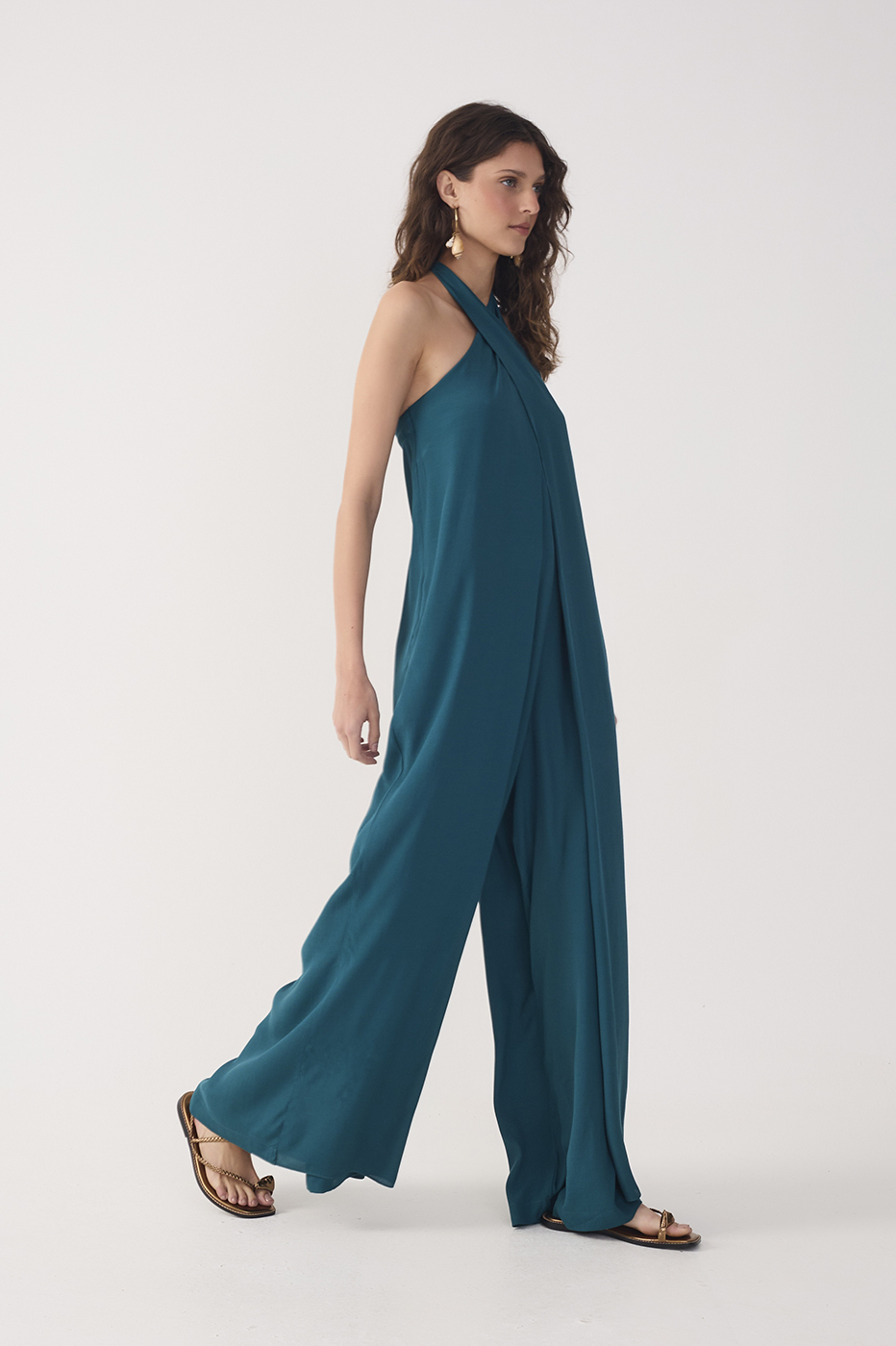 Green Halter Neck Layered Crepe Jumpsuit