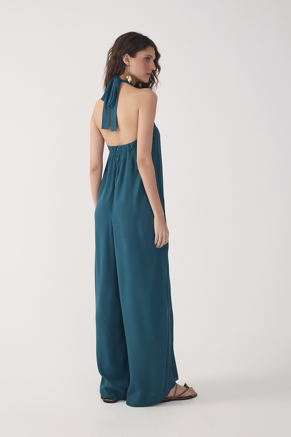 Green Halter Neck Layered Crepe Jumpsuit