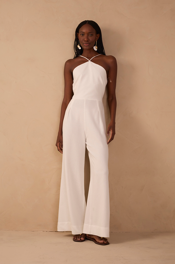 Off-White Pleated Halter Neck Linen Jumpsuit