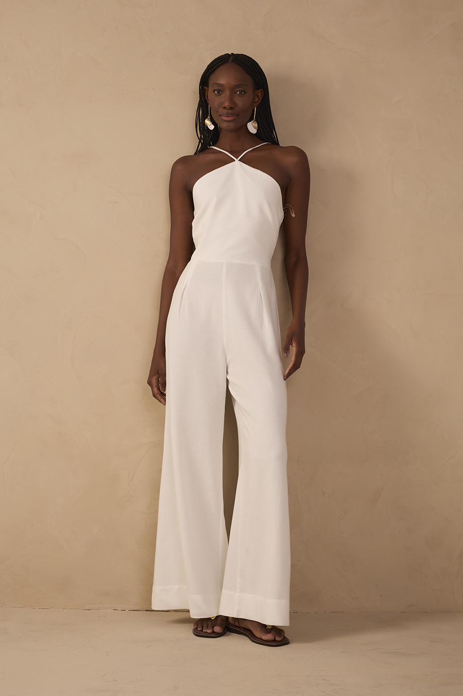 Off-White Pleated Halter Neck Linen Jumpsuit