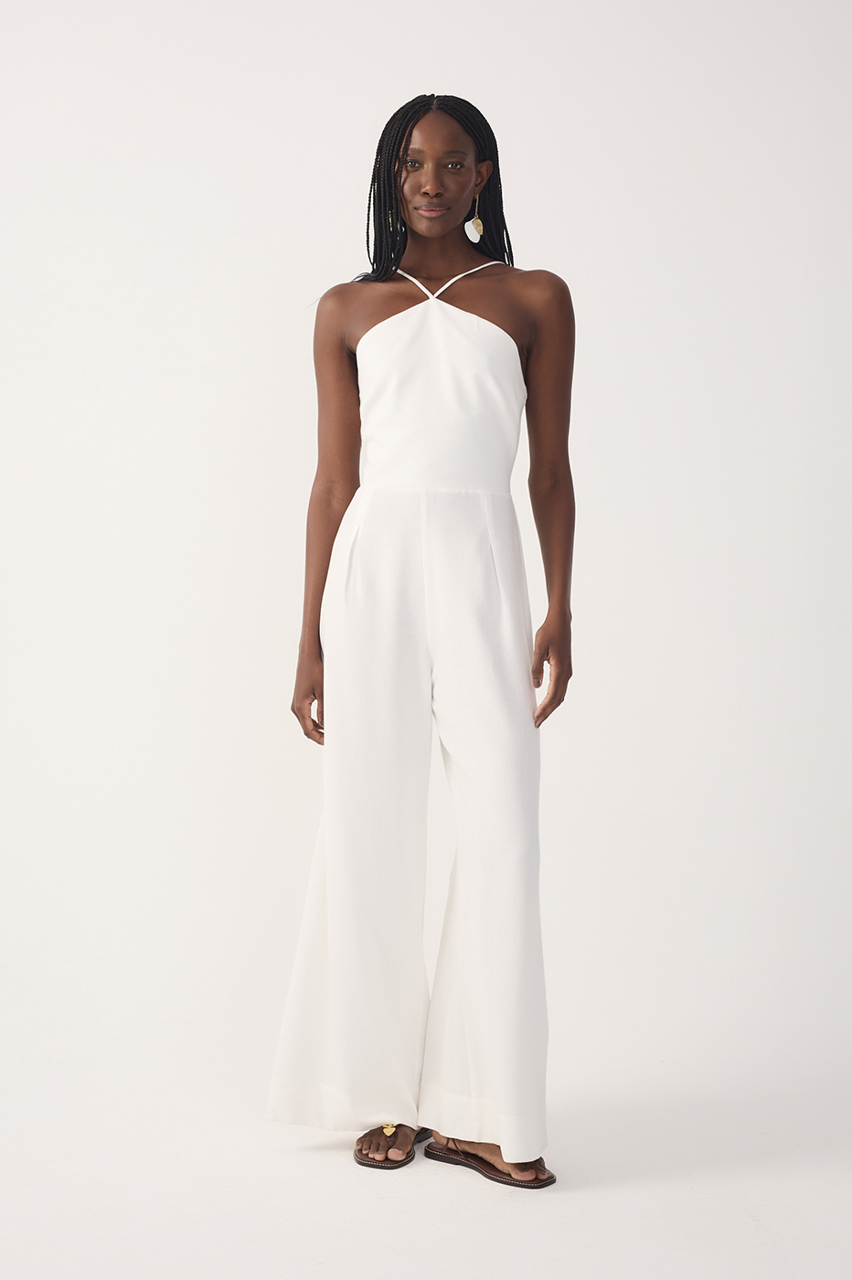 Off-White Pleated Halter Neck Linen Jumpsuit