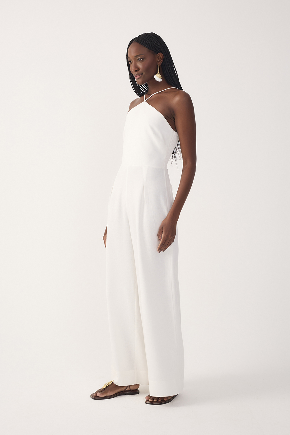 Off-White Pleated Halter Neck Linen Jumpsuit