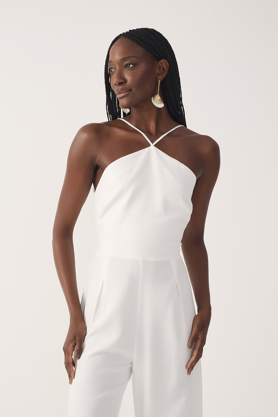 Off-White Pleated Halter Neck Linen Jumpsuit