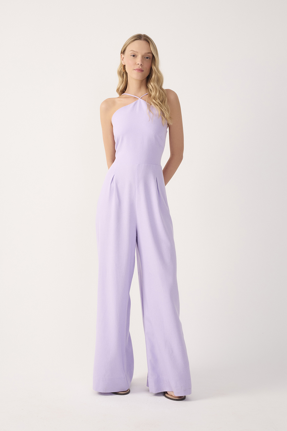 Lilac Pleated Halter Neck Linen Jumpsuit
