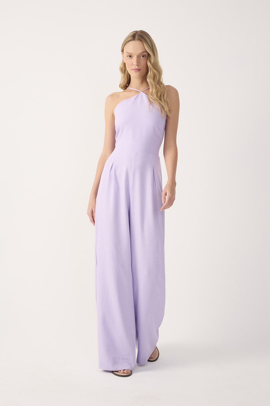 Lilac Pleated Halter Neck Linen Jumpsuit
