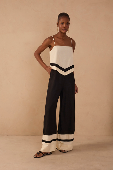 Black Bicolor Layered Linen Jumpsuit