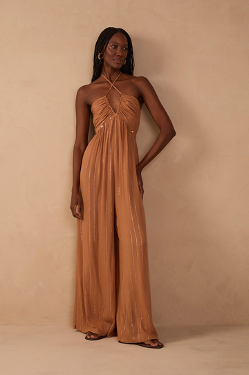 Beige Ruched Cross-Neck Lurex Jumpsuit