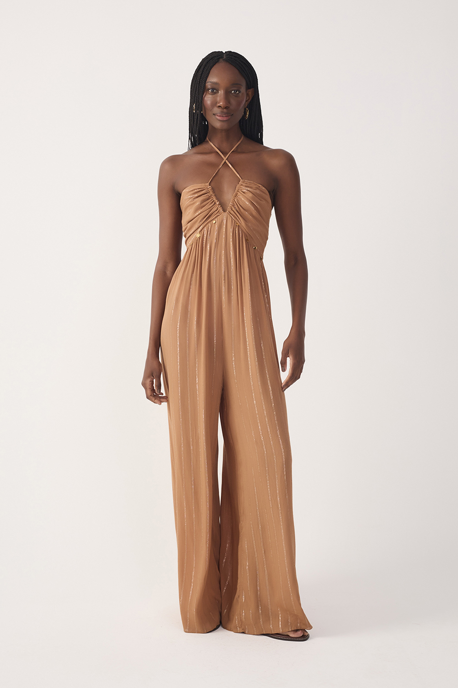 Beige Ruched Cross-Neck Lurex Jumpsuit