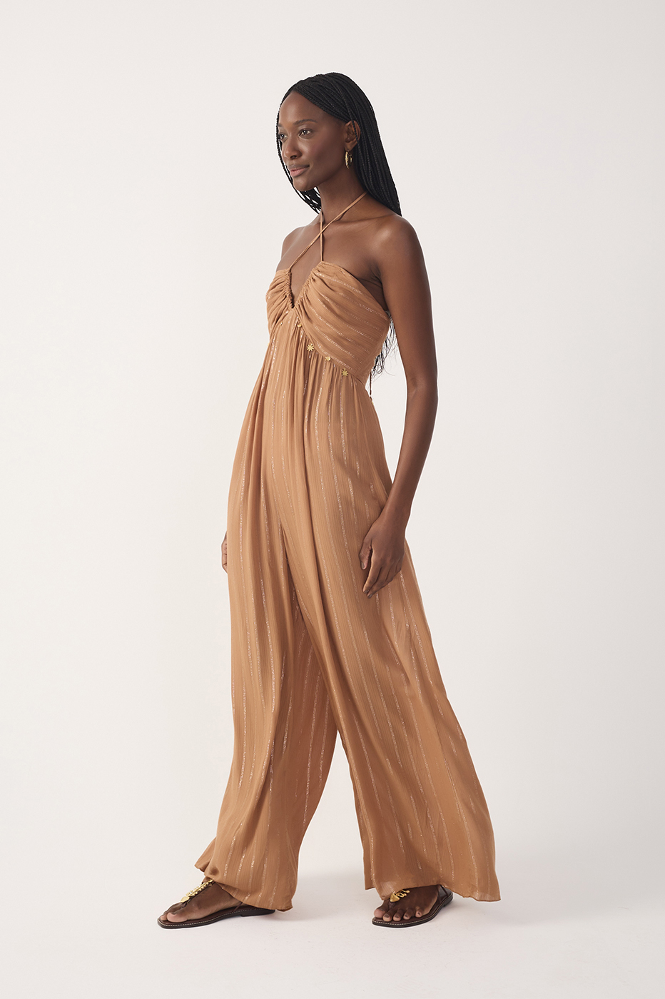 Beige Ruched Cross-Neck Lurex Jumpsuit