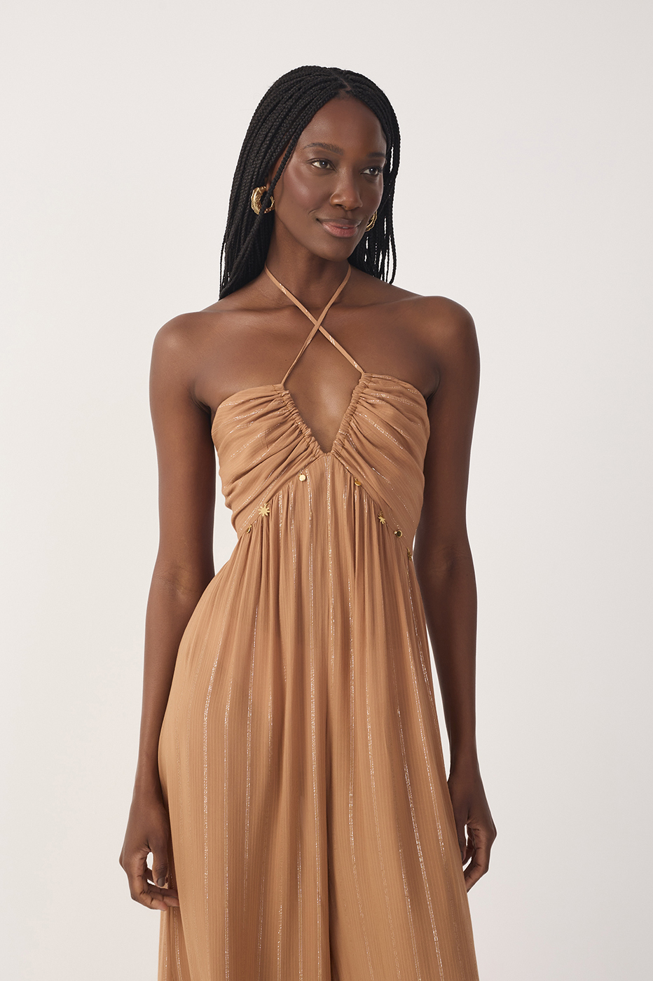 Beige Ruched Cross-Neck Lurex Jumpsuit