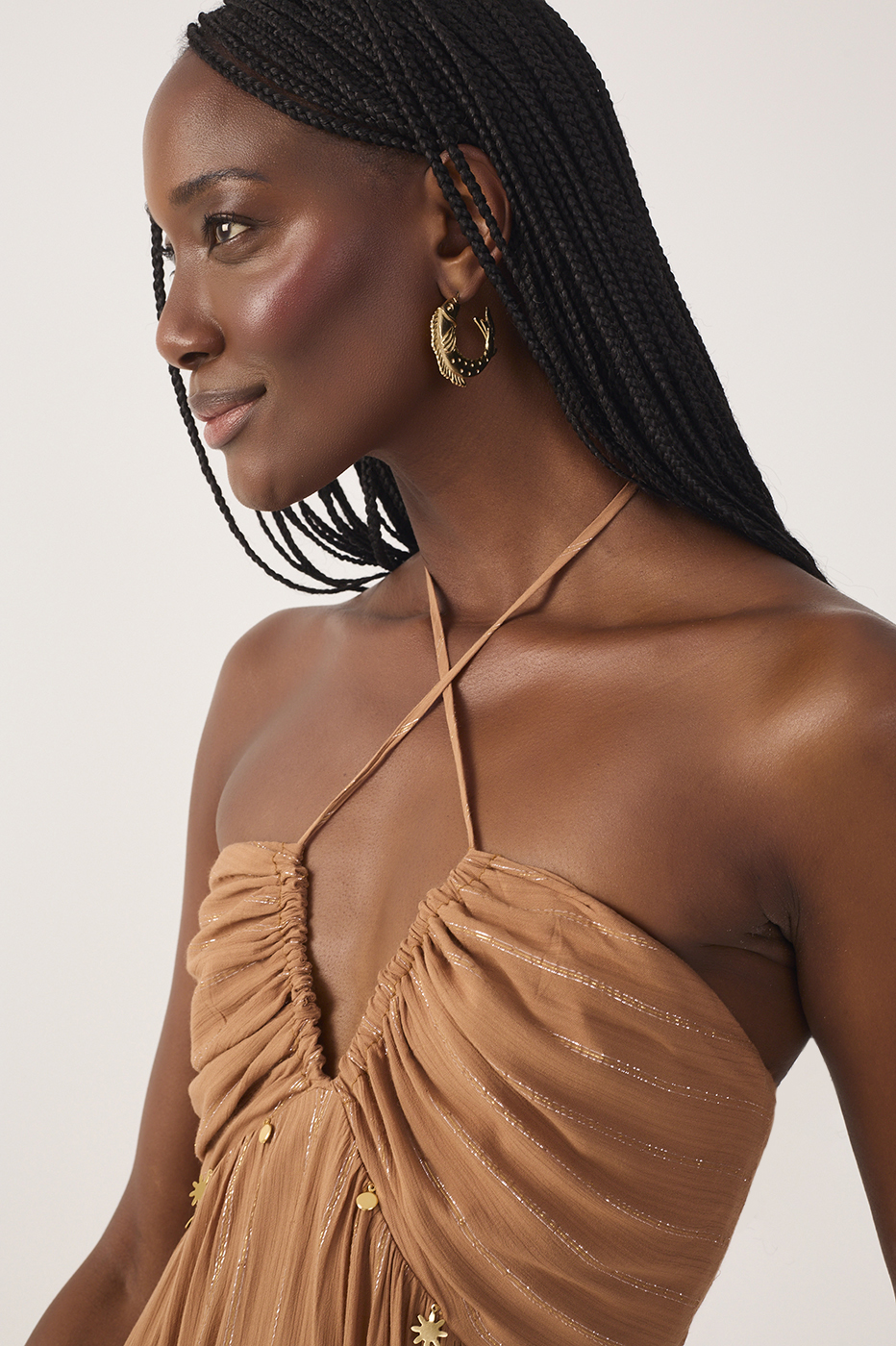 Beige Ruched Cross-Neck Lurex Jumpsuit