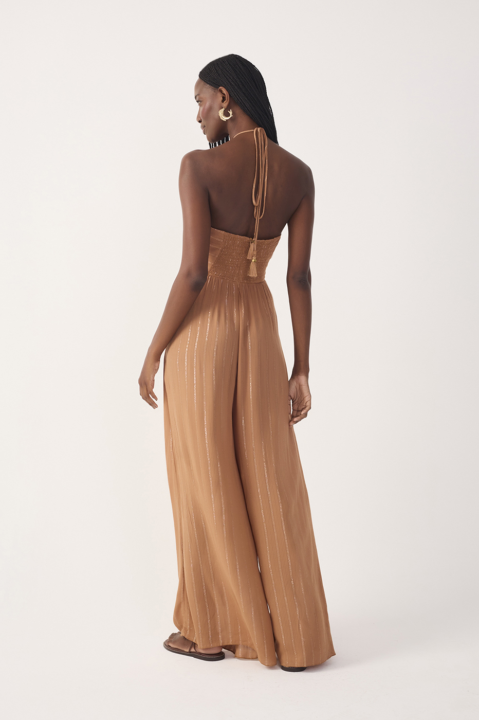 Beige Ruched Cross-Neck Lurex Jumpsuit
