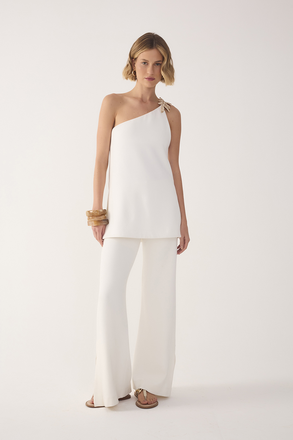 Off-White Leaf Embroidered Blouse and Flared Pants Set