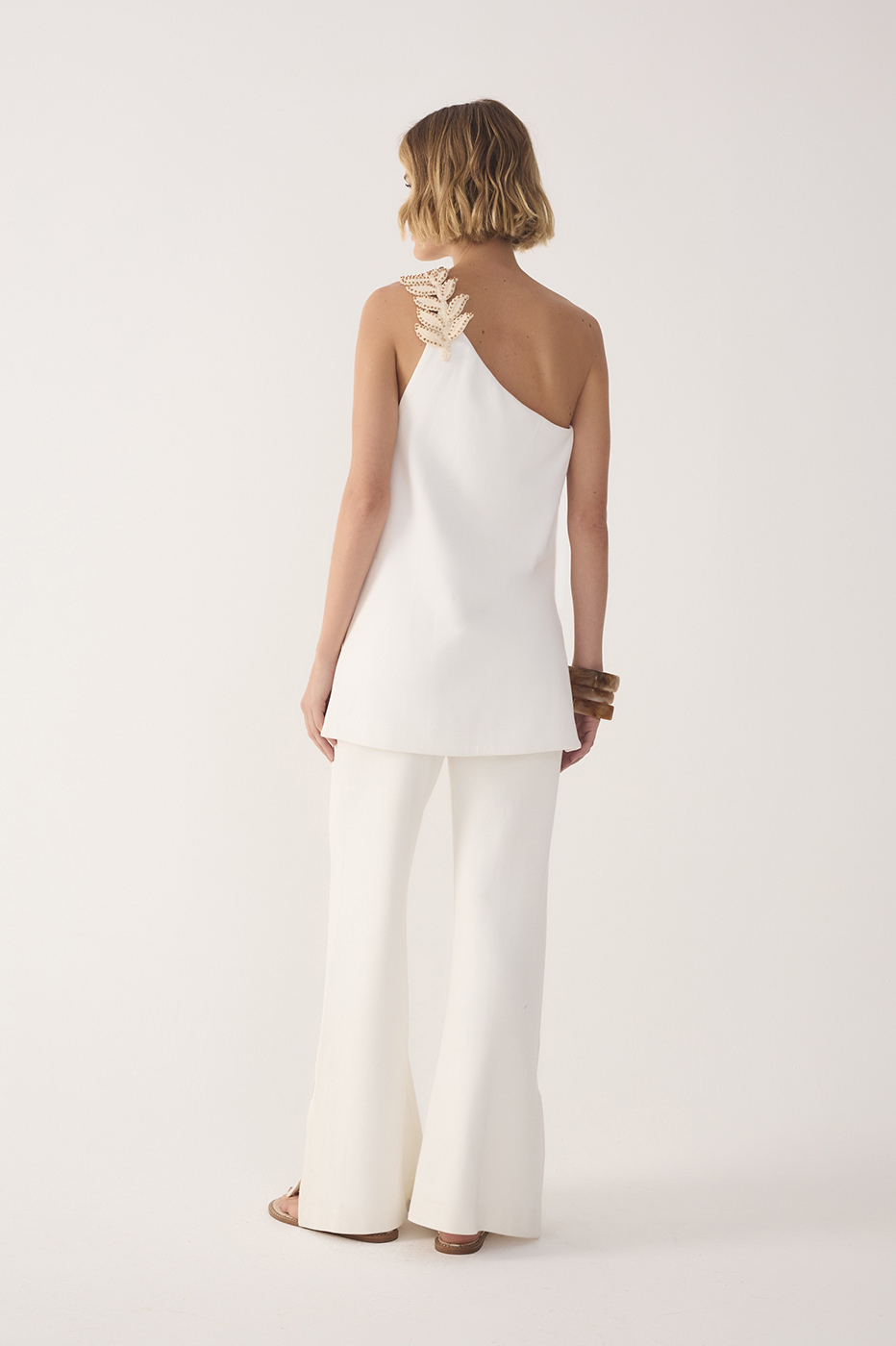 Off-White Leaf Embroidered Blouse and Flared Pants Set