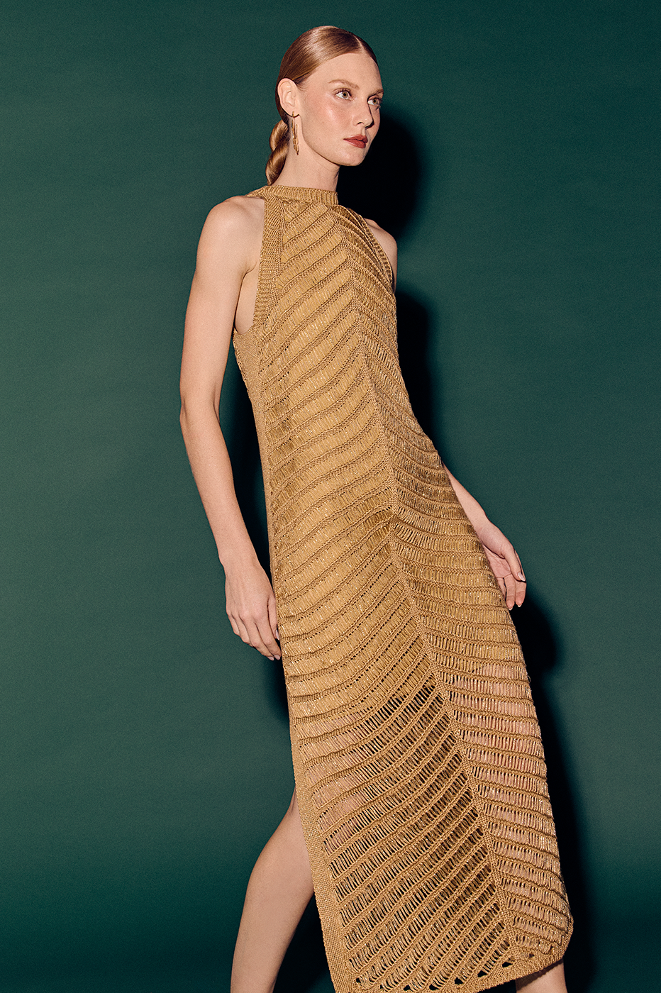 Golden High Collar Lurex Knit Midi Dress