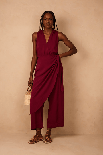Wine Bossa Draped V Neck Wrap Crepe Jumpsuit