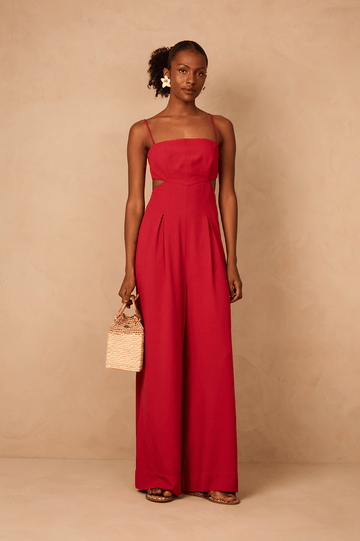 Red Encanto Cut-Out Sleeveless Pleats Back Ties Jumpsuit