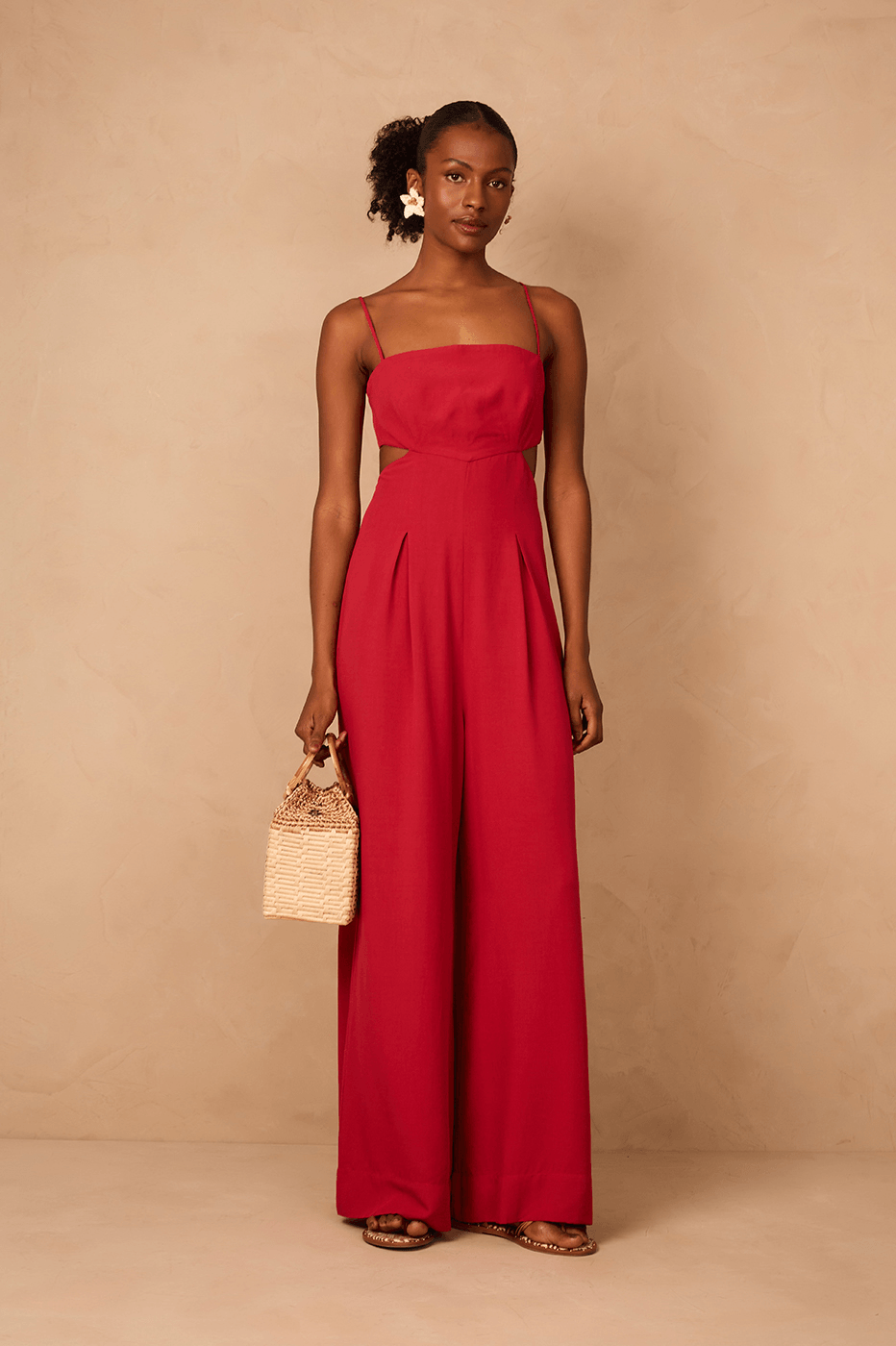 Red Encanto Cut-Out Sleeveless Pleats Back Ties Jumpsuit