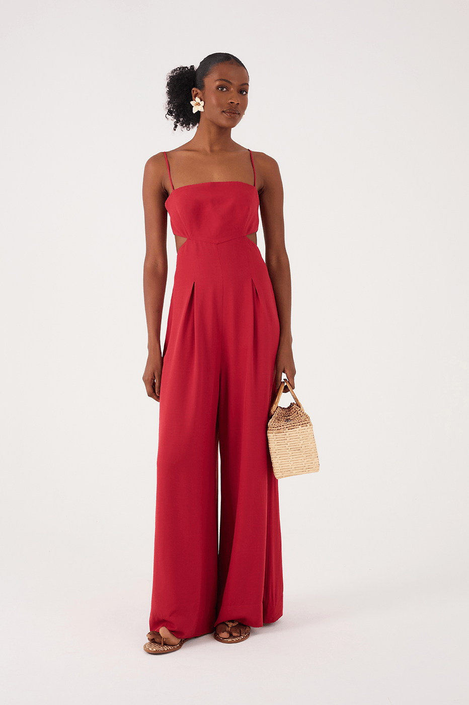 Red Encanto Cut-Out Sleeveless Pleats Back Ties Jumpsuit