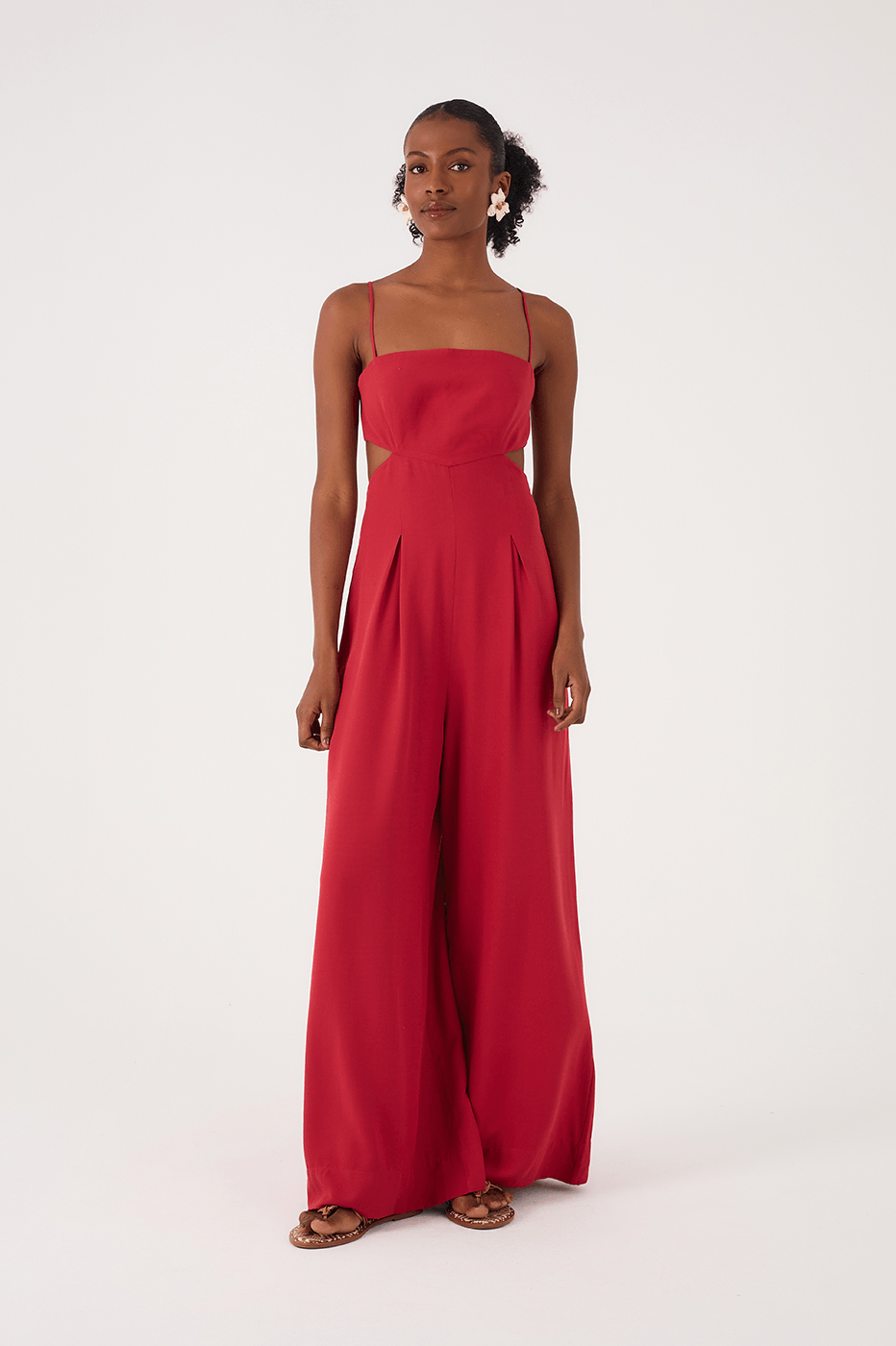 Red Encanto Cut-Out Sleeveless Pleats Back Ties Jumpsuit