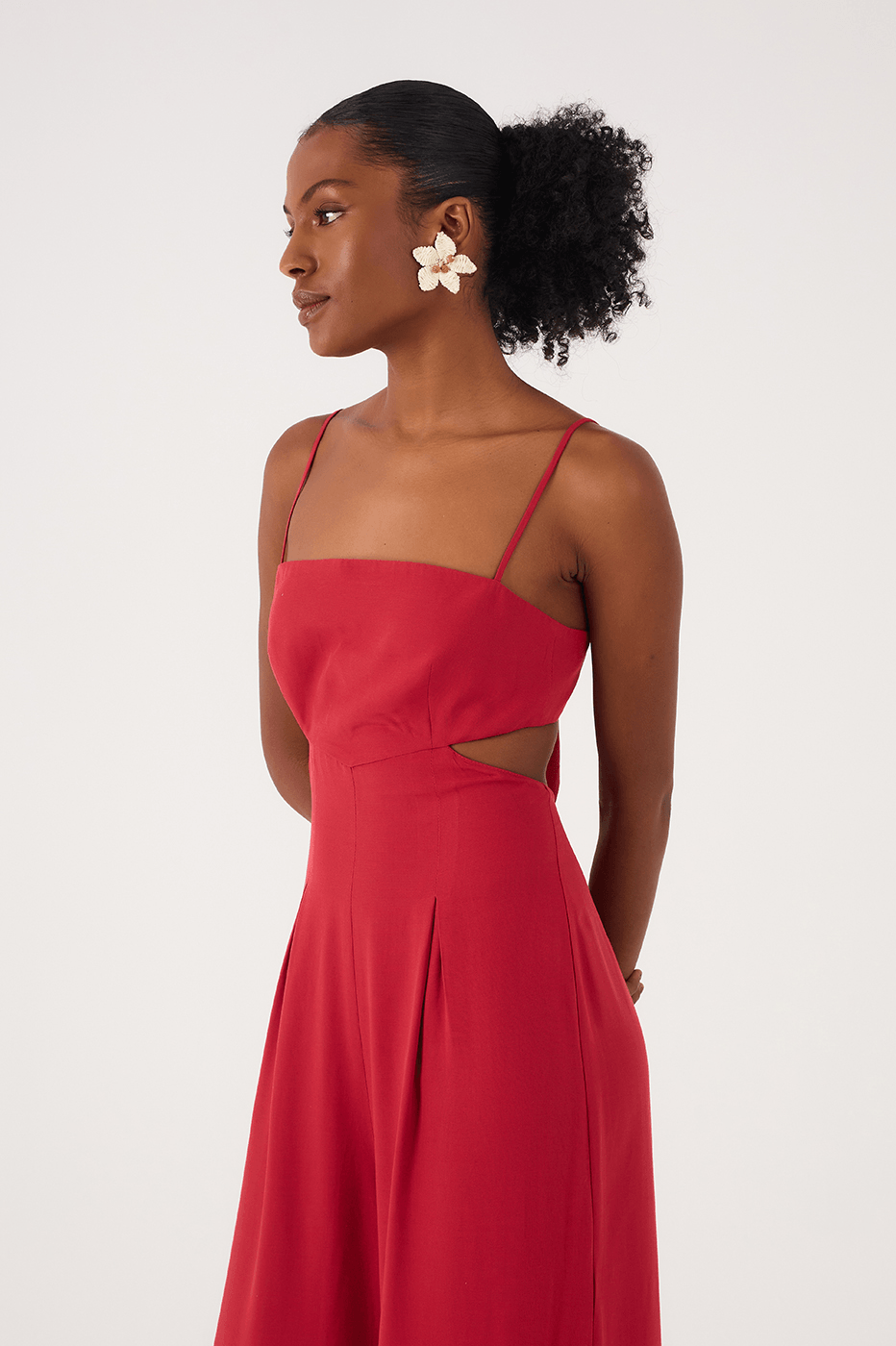 Red Encanto Cut-Out Sleeveless Pleats Back Ties Jumpsuit