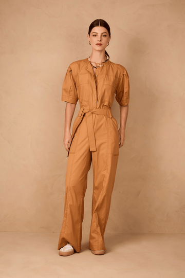 Beige Leme Buttoned Belted Short Sleeve Pockets Jumpsuit