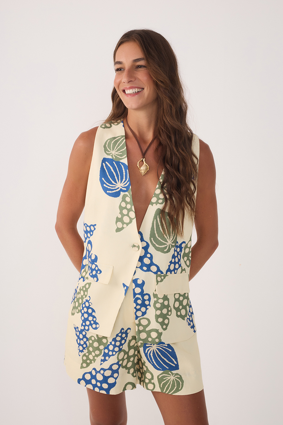 Beige Begonia Plunging Neck Maxi Vest