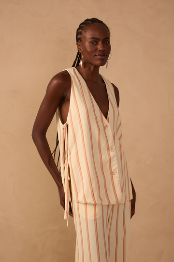 Beige V Neck Sleeveless Side Ties Vest