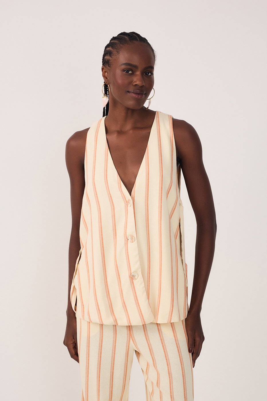 Beige V Neck Sleeveless Side Ties Vest