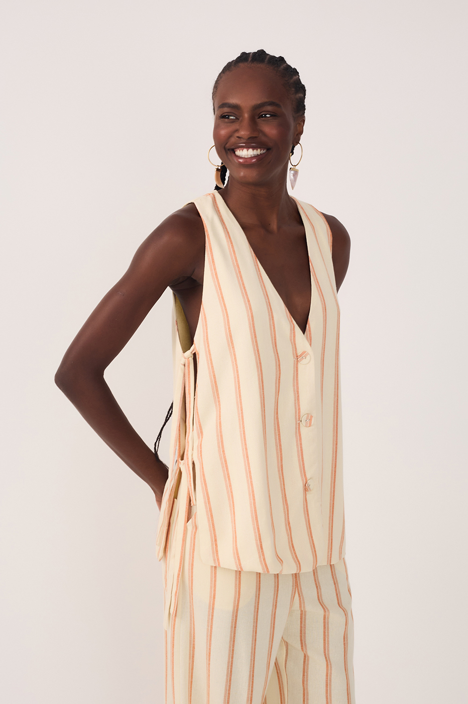 Beige V Neck Sleeveless Side Ties Vest