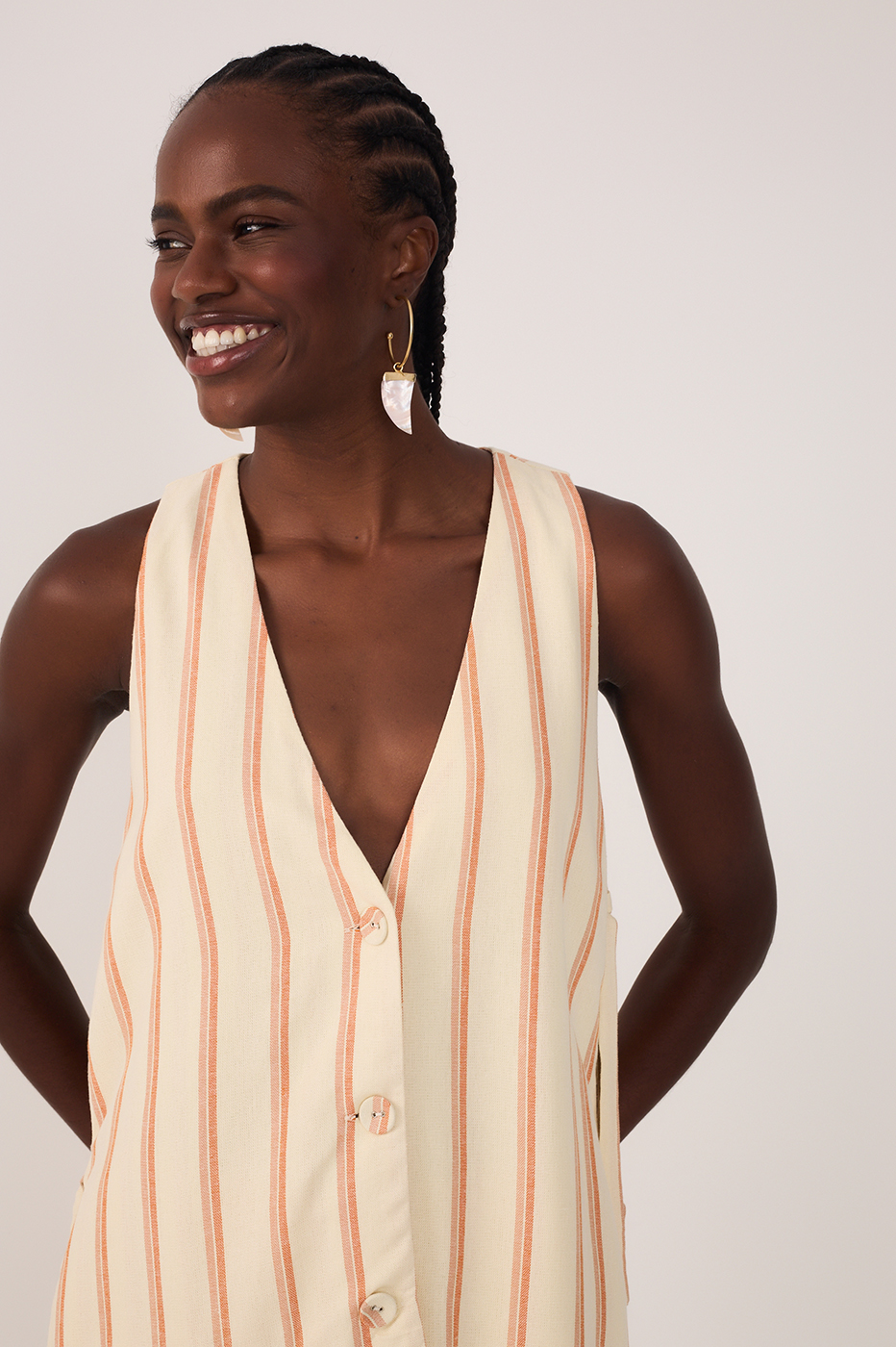 Beige V Neck Sleeveless Side Ties Vest