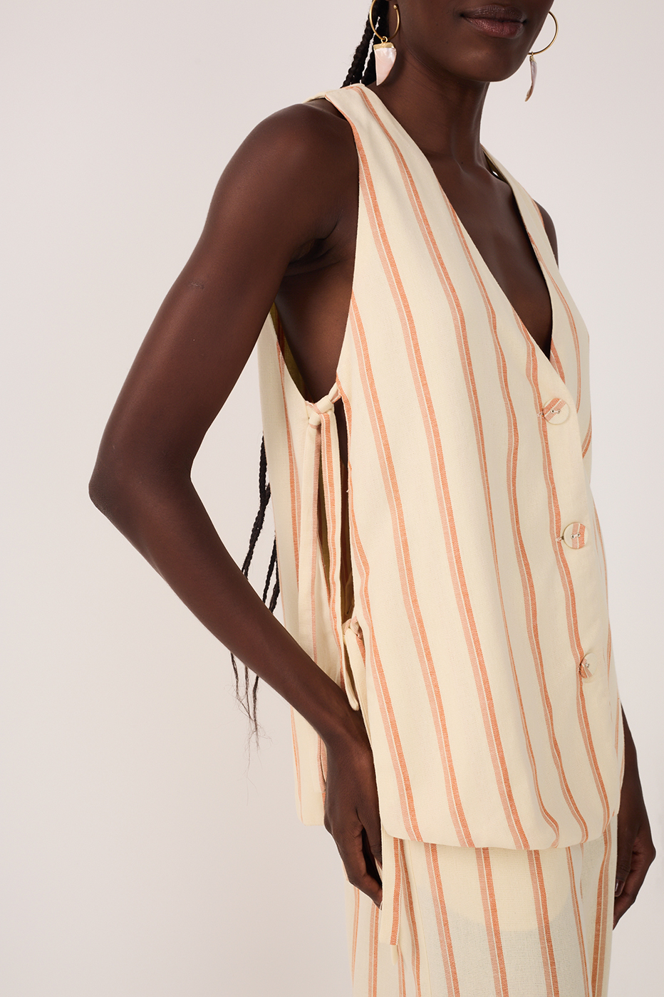 Beige V Neck Sleeveless Side Ties Vest