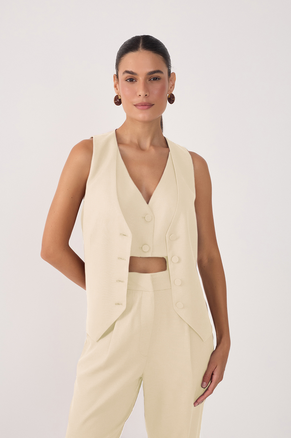 Beige Overlapped Buttoned Sleeveless Vest