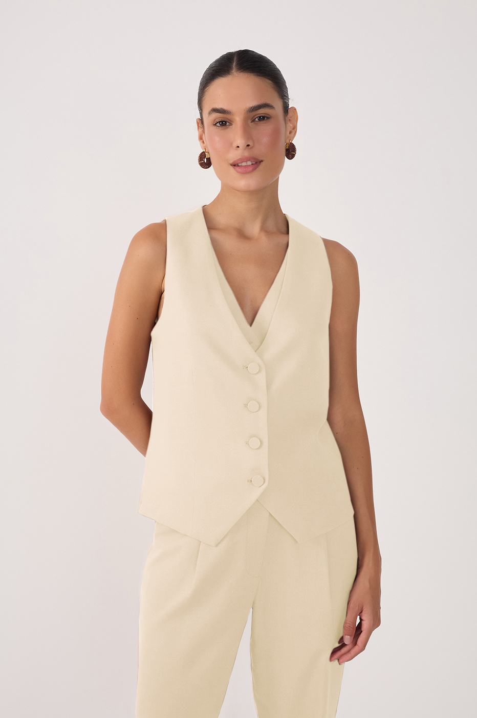 Beige Overlapped Buttoned Sleeveless Vest